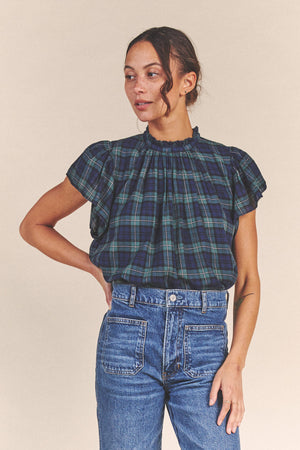 Trovata Birds of Paradis Carla High Neck Blouse. Ruffle sleeve, plaid, effortless chic flannel top. 